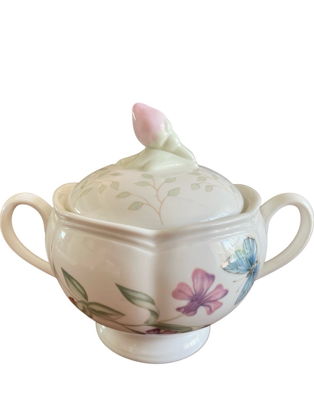 Lenox Butterfly Meadow Porcelain Sugar BowlRosebud Lid Floral Ladybug NWT